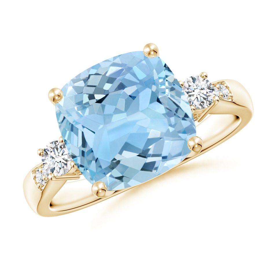 10mm AAAA Cushion Aquamarine Solitaire Ring with Diamond Accents in Yellow Gold 