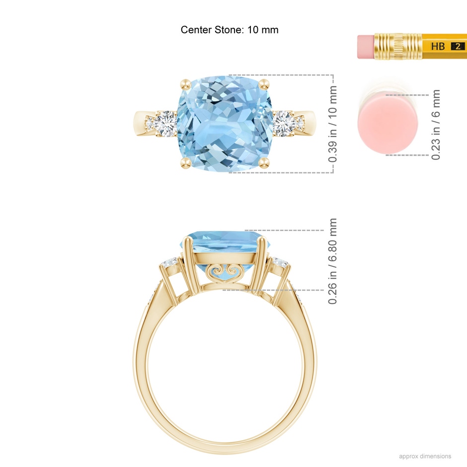 10mm AAAA Cushion Aquamarine Solitaire Ring with Diamond Accents in Yellow Gold ruler