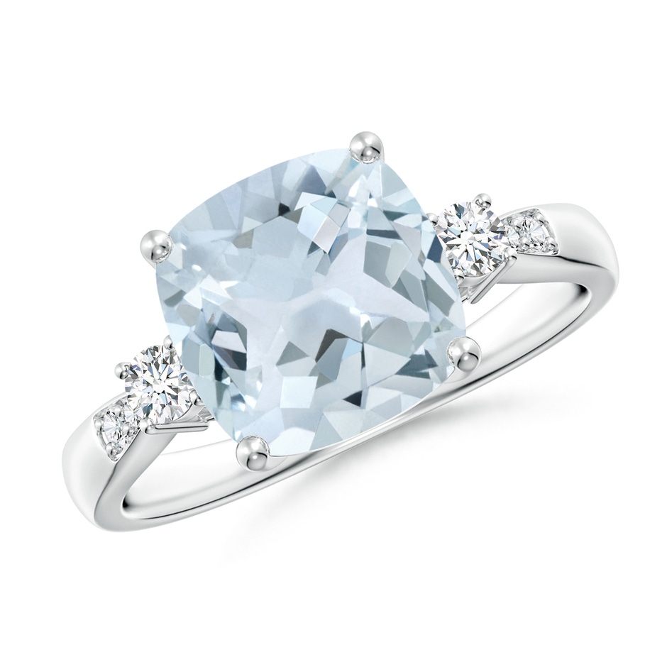 9mm A Cushion Aquamarine Solitaire Ring with Diamond Accents in 10K White Gold 