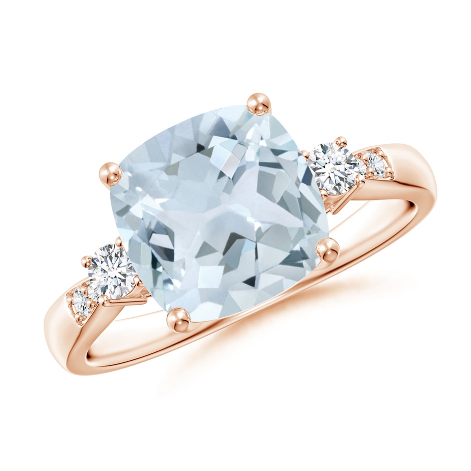 9mm A Cushion Aquamarine Solitaire Ring with Diamond Accents in Rose Gold 
