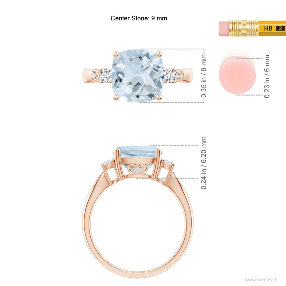 9mm A Cushion Aquamarine Solitaire Ring with Diamond Accents in Rose Gold ruler
