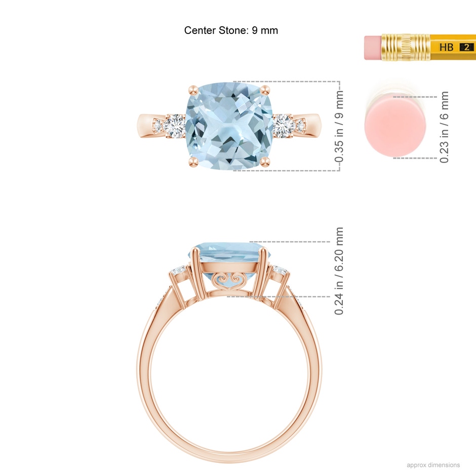 9mm AA Cushion Aquamarine Solitaire Ring with Diamond Accents in Rose Gold ruler