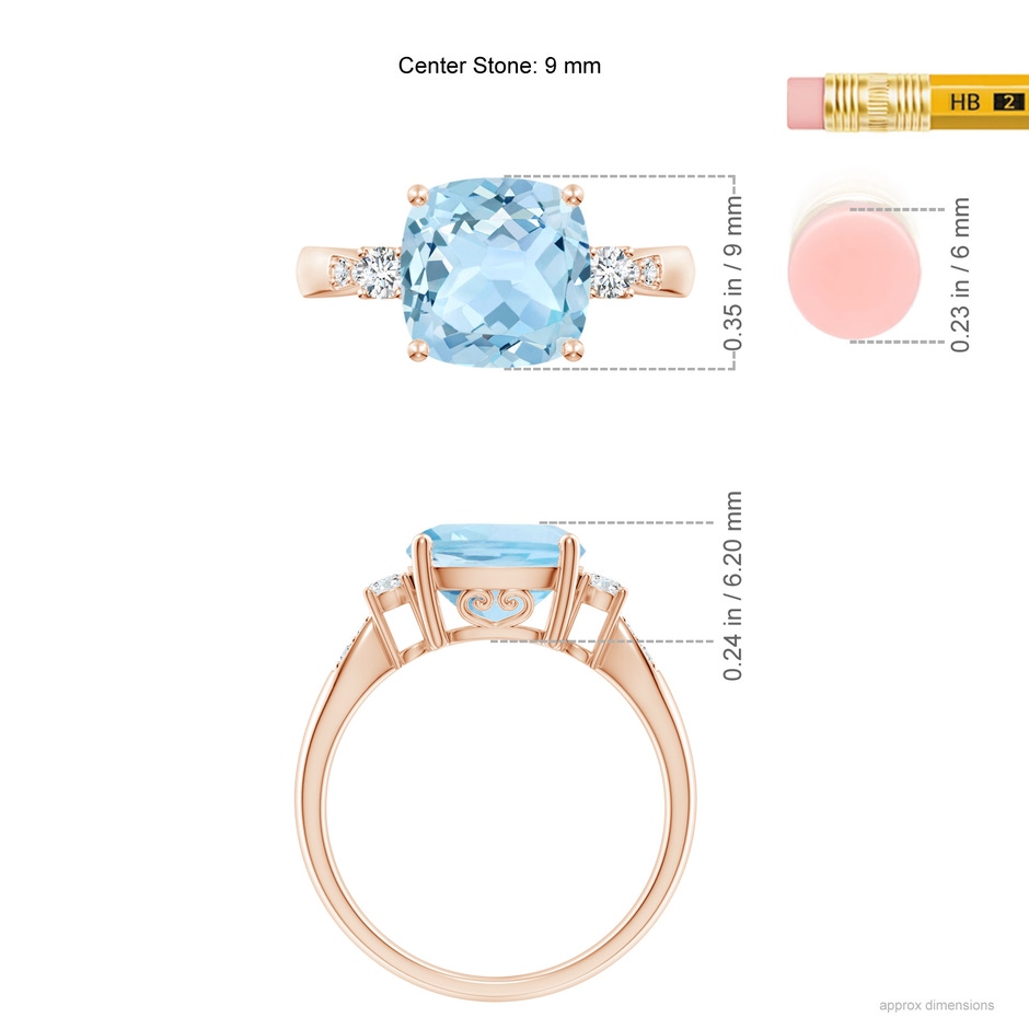 9mm AAA Cushion Aquamarine Solitaire Ring with Diamond Accents in Rose Gold ruler