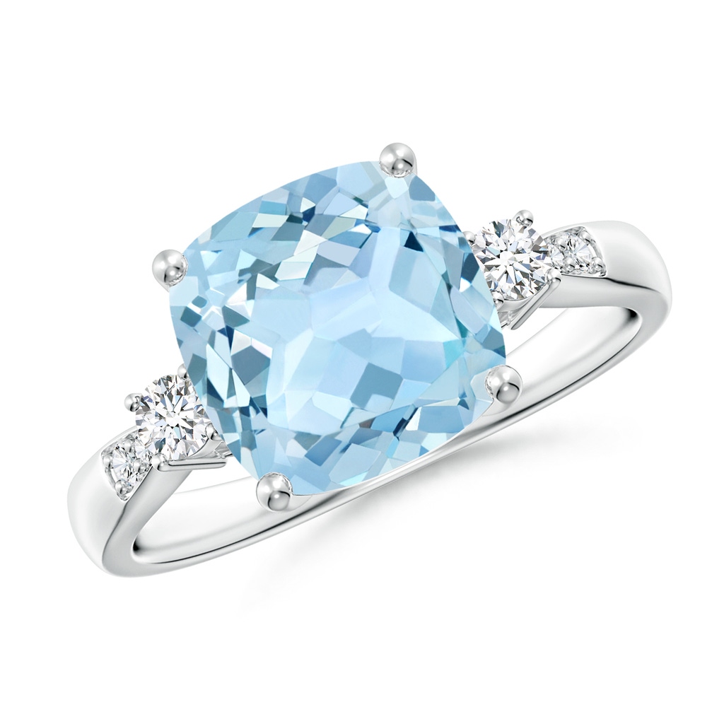 9mm AAA Cushion Aquamarine Solitaire Ring with Diamond Accents in White Gold