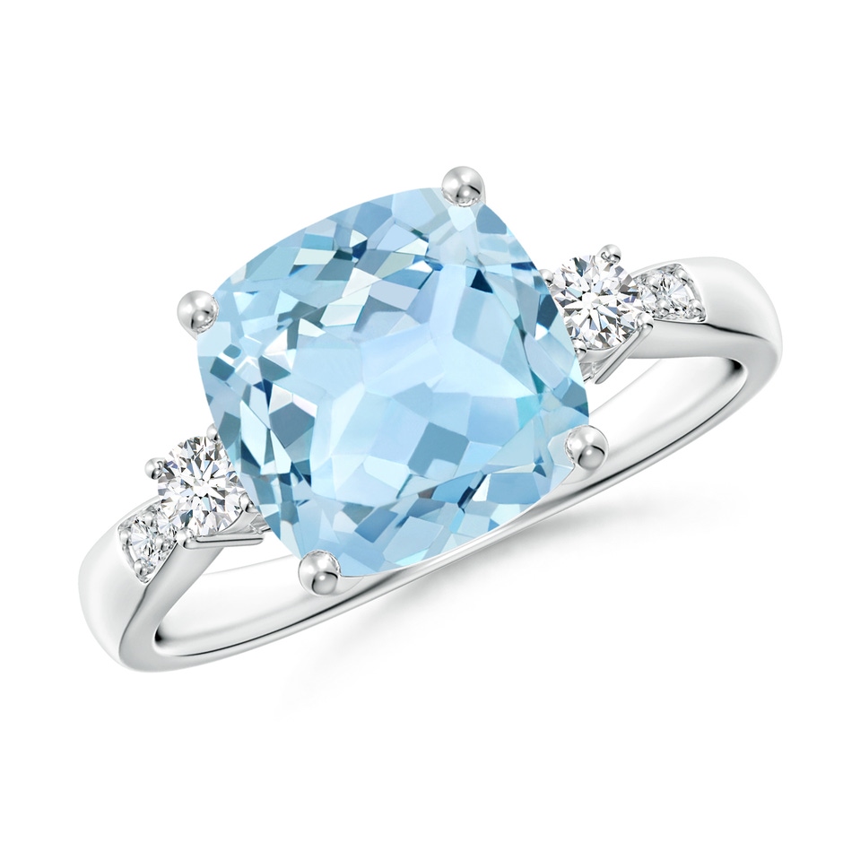 9mm AAA Cushion Aquamarine Solitaire Ring with Diamond Accents in White Gold 