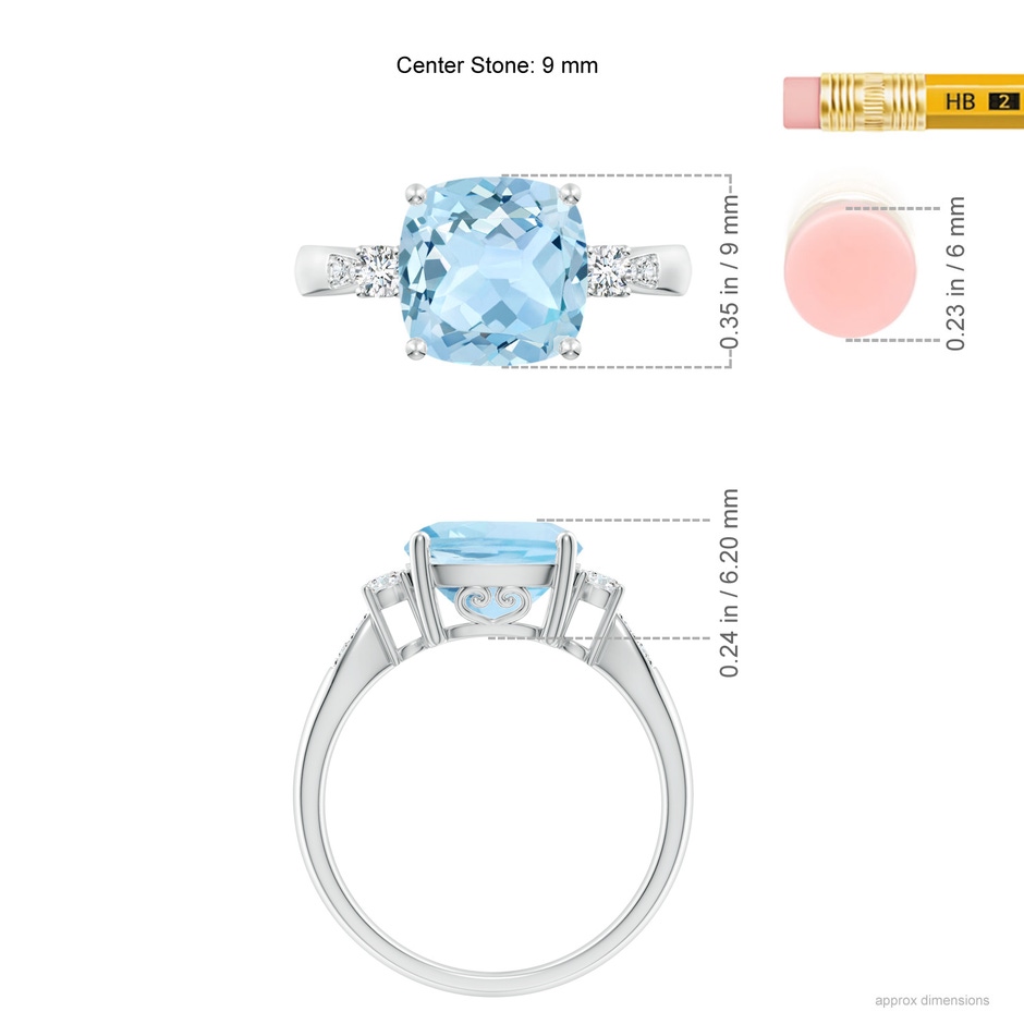 9mm AAA Cushion Aquamarine Solitaire Ring with Diamond Accents in White Gold ruler