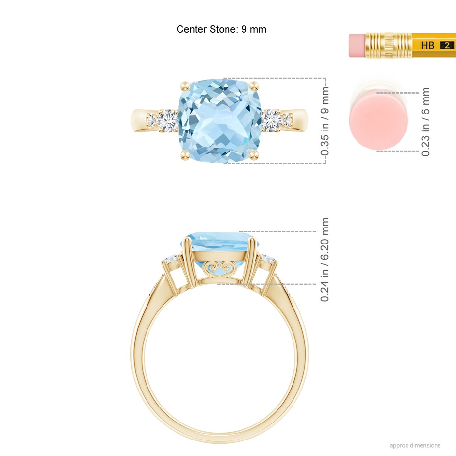 9mm AAA Cushion Aquamarine Solitaire Ring with Diamond Accents in Yellow Gold ruler