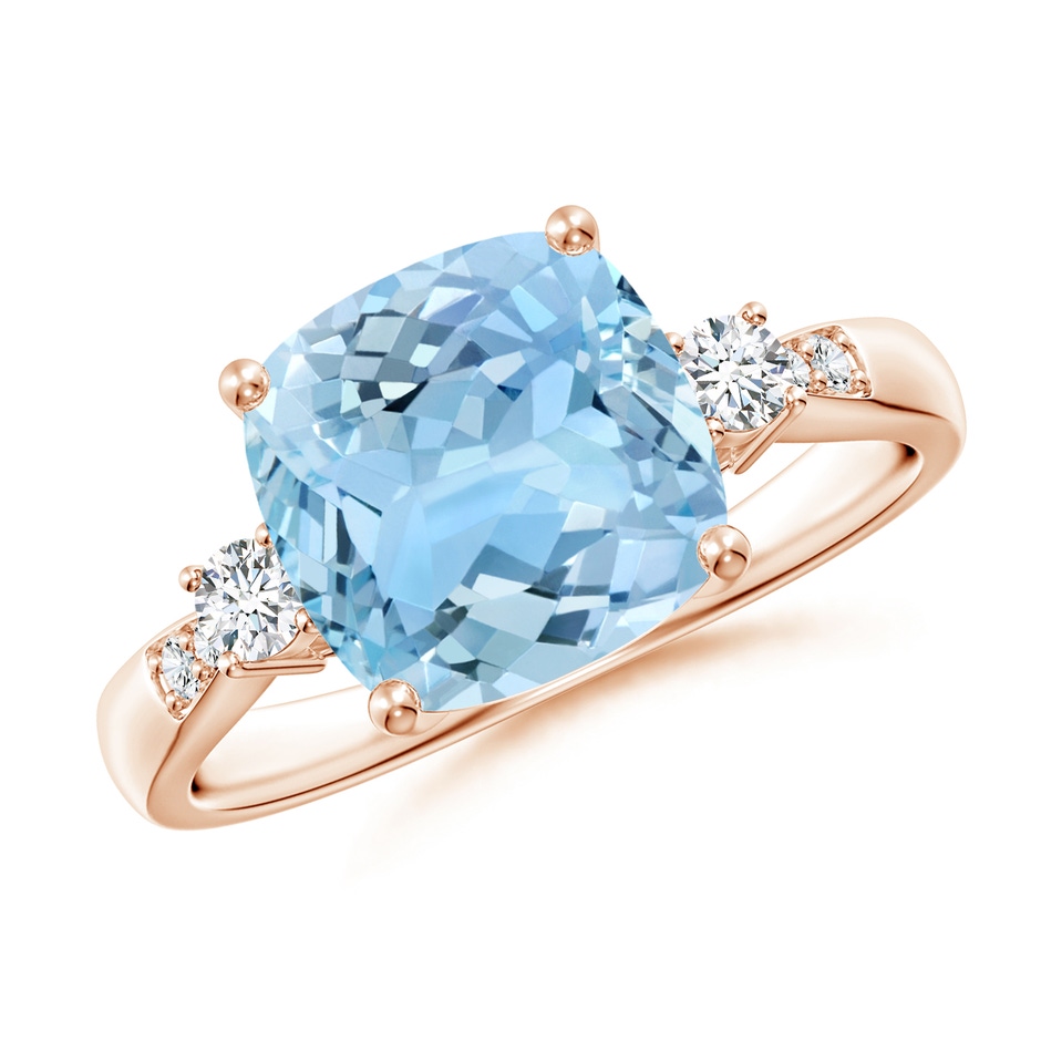 9mm AAAA Cushion Aquamarine Solitaire Ring with Diamond Accents in Rose Gold 