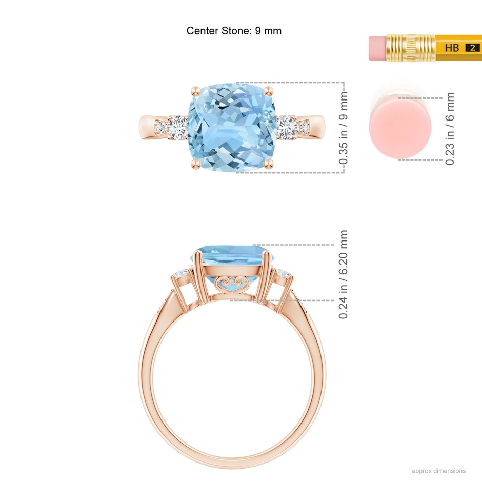 9mm AAAA Cushion Aquamarine Solitaire Ring with Diamond Accents in Rose Gold ruler