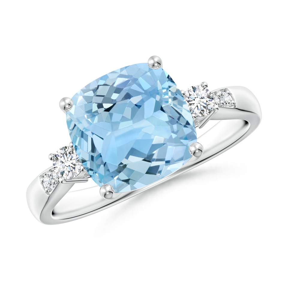 9mm AAAA Cushion Aquamarine Solitaire Ring with Diamond Accents in White Gold 