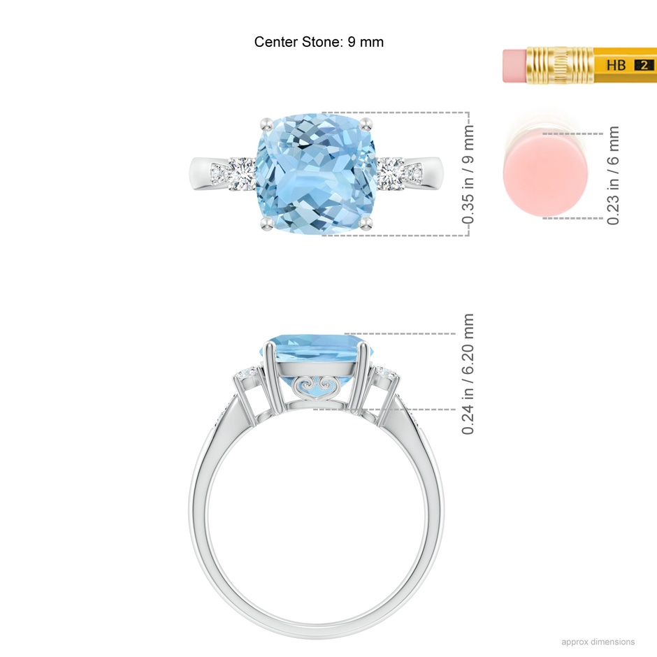 9mm AAAA Cushion Aquamarine Solitaire Ring with Diamond Accents in White Gold ruler