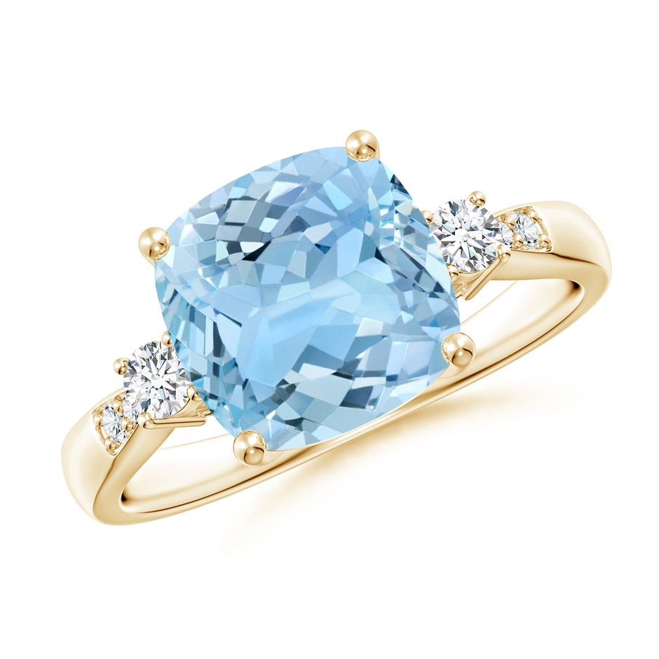 9mm AAAA Cushion Aquamarine Solitaire Ring with Diamond Accents in Yellow Gold 