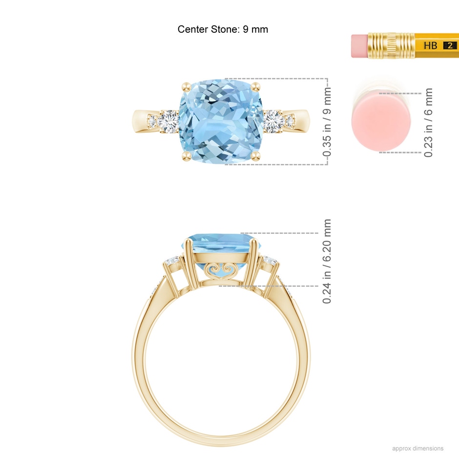 9mm AAAA Cushion Aquamarine Solitaire Ring with Diamond Accents in Yellow Gold ruler