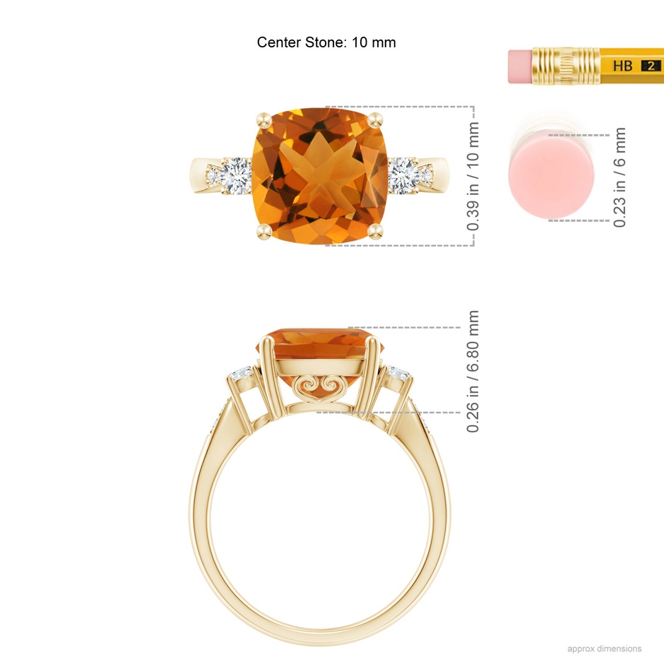 10mm AAA Cushion Citrine Solitaire Ring with Diamond Accents in Yellow Gold ruler