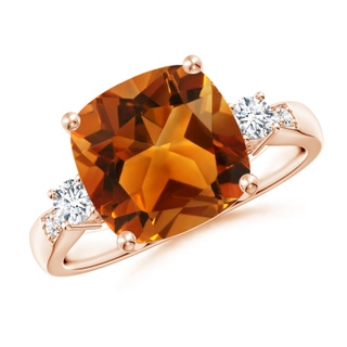 10mm AAAA Cushion Citrine Solitaire Ring with Diamond Accents in Rose Gold