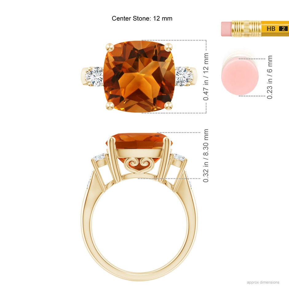 12mm AAAA Cushion Citrine Solitaire Ring with Diamond Accents in Yellow Gold ruler