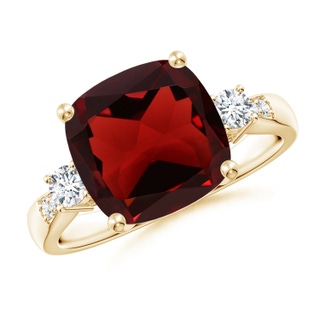 10mm AAA Cushion Garnet Solitaire Ring with Diamond Accents in Yellow Gold