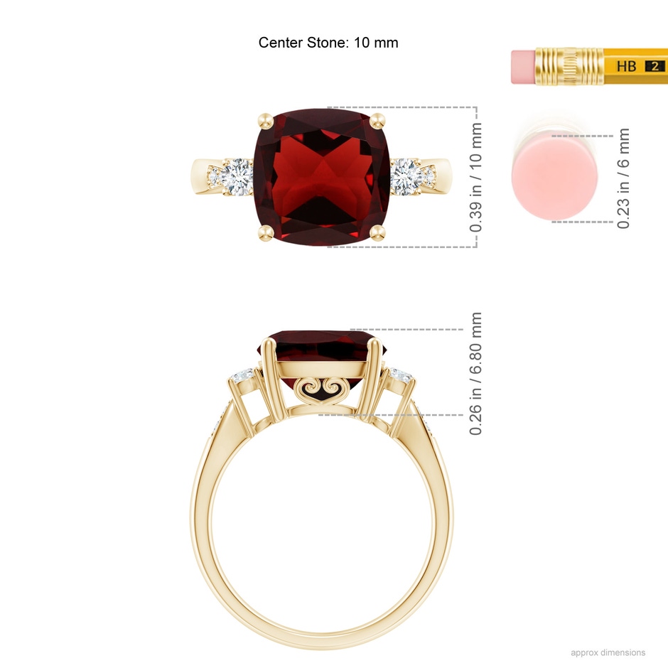 10mm AAA Cushion Garnet Solitaire Ring with Diamond Accents in Yellow Gold ruler