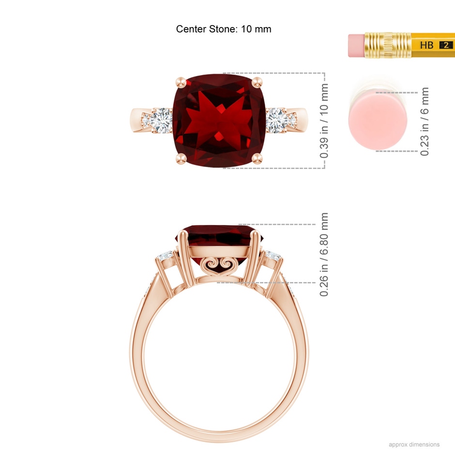 10mm AAAA Cushion Garnet Solitaire Ring with Diamond Accents in Rose Gold ruler