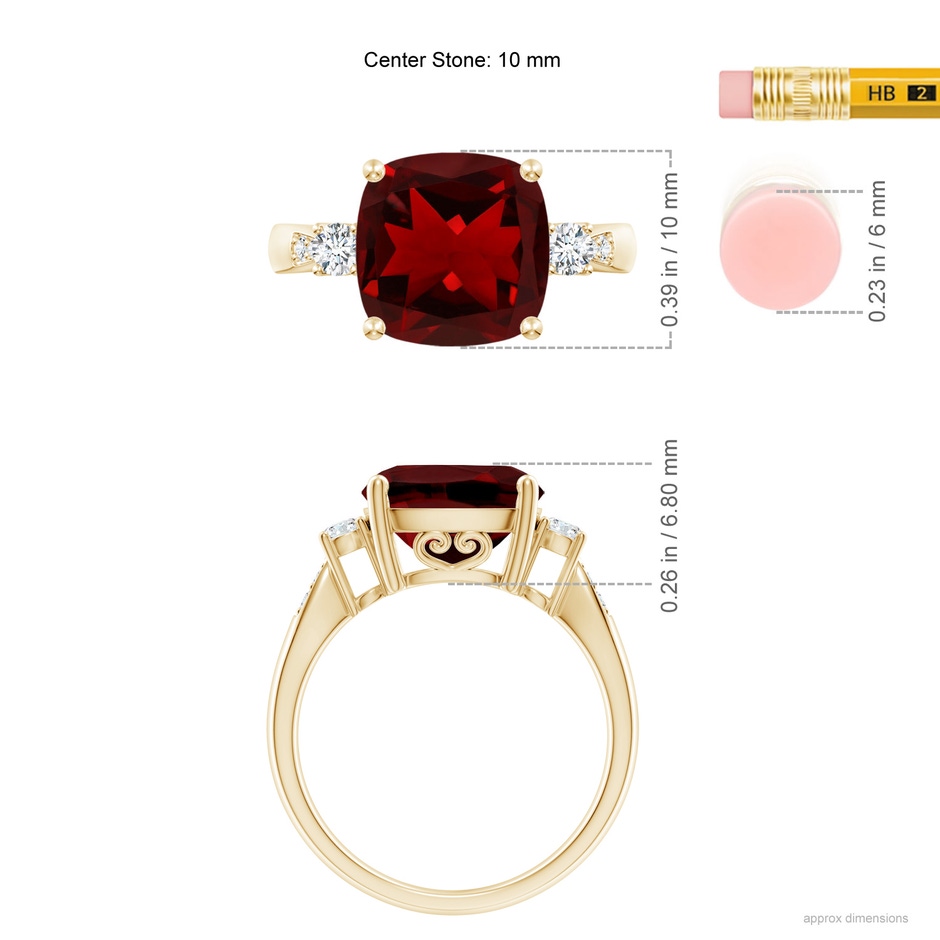 10mm AAAA Cushion Garnet Solitaire Ring with Diamond Accents in Yellow Gold ruler