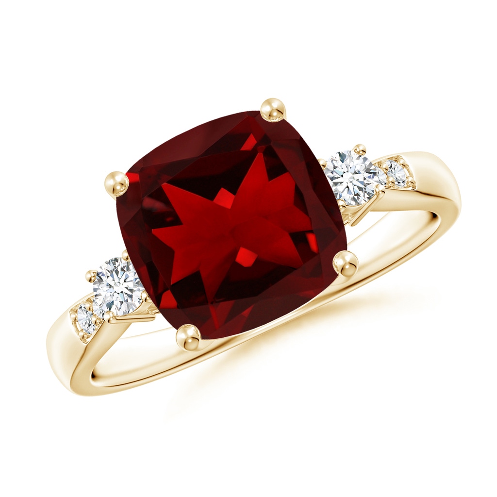 9mm AAAA Cushion Garnet Solitaire Ring with Diamond Accents in Yellow Gold