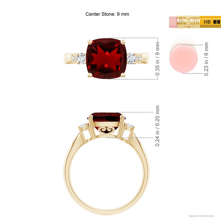 9mm AAAA Cushion Garnet Solitaire Ring with Diamond Accents in Yellow Gold ruler