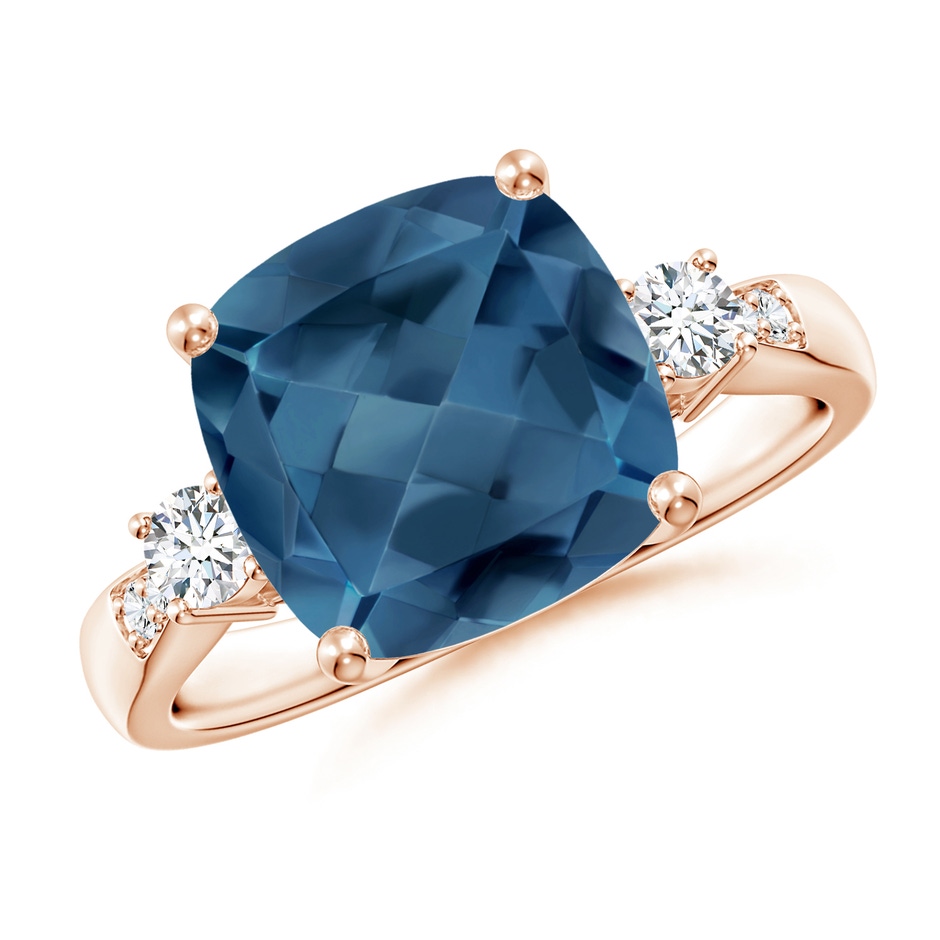 10mm A Cushion London Blue Topaz Solitaire Ring with Diamonds in Rose Gold 