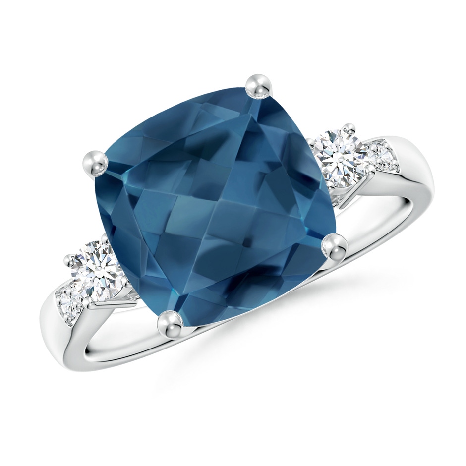 10mm A Cushion London Blue Topaz Solitaire Ring with Diamonds in White Gold 