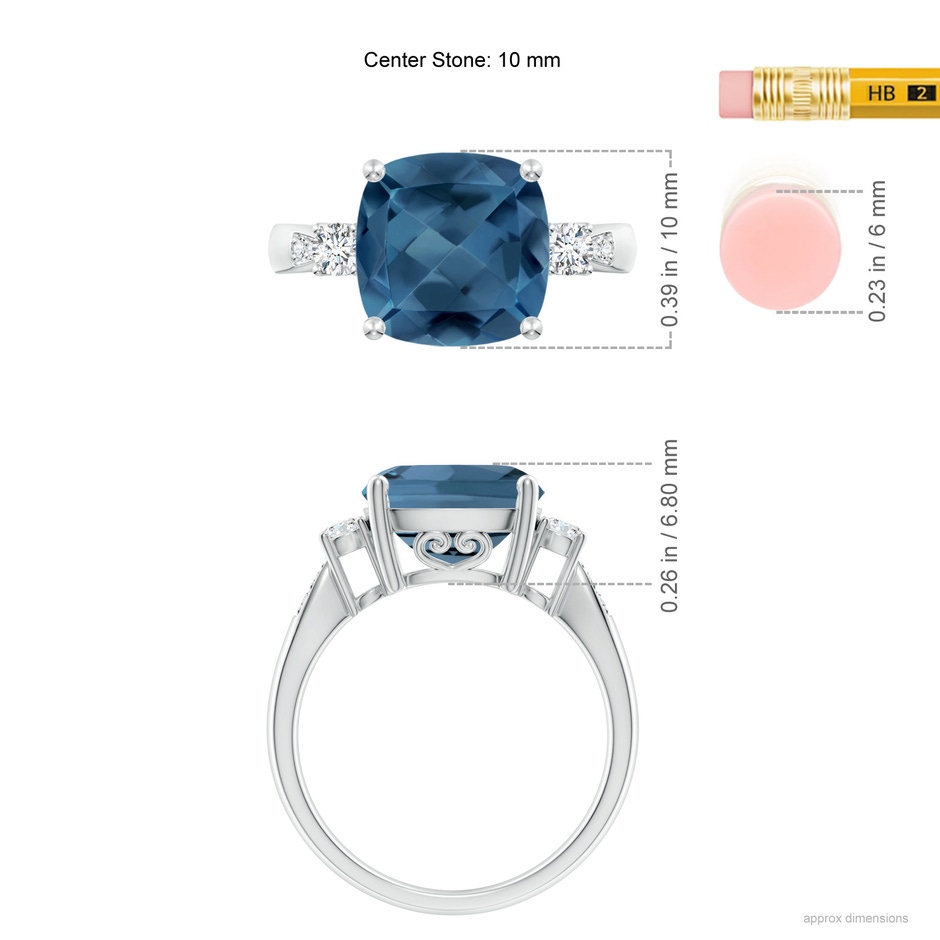 10mm A Cushion London Blue Topaz Solitaire Ring with Diamonds in White Gold ruler