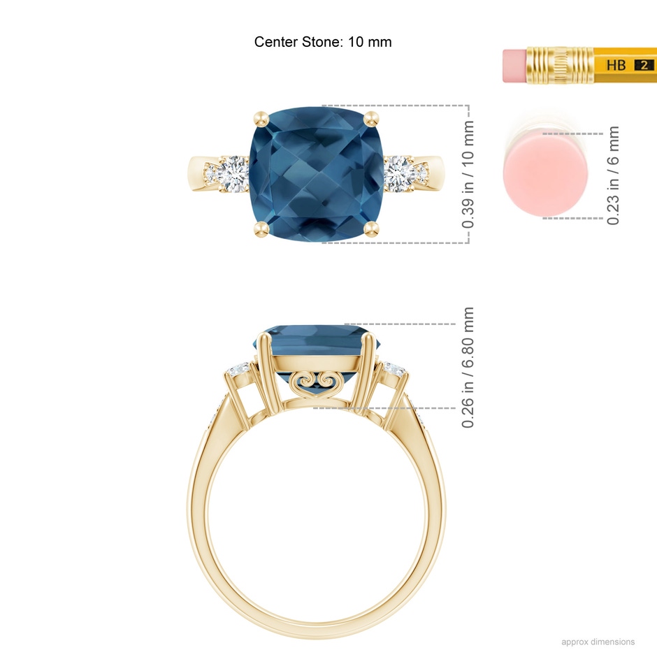 10mm A Cushion London Blue Topaz Solitaire Ring with Diamonds in Yellow Gold ruler