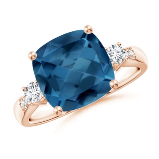 10mm AA Cushion London Blue Topaz Solitaire Ring with Diamonds in Rose Gold
