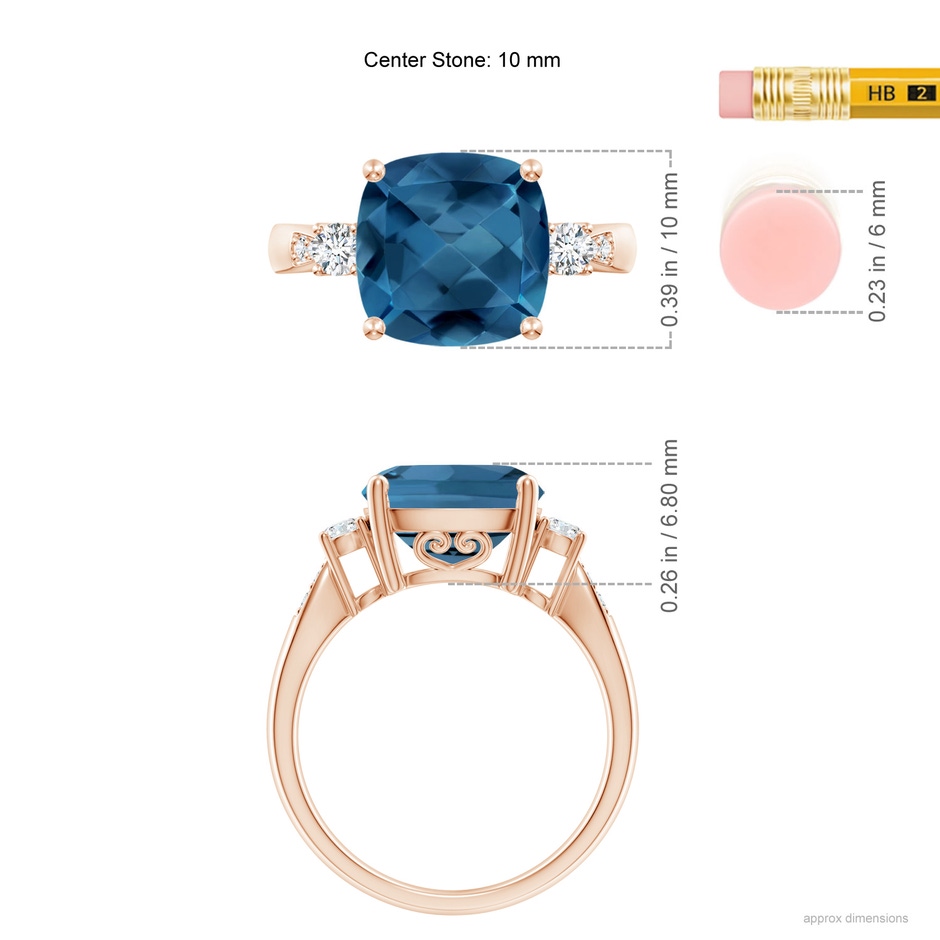 10mm AA Cushion London Blue Topaz Solitaire Ring with Diamonds in Rose Gold ruler