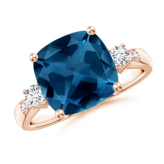 10mm AAA Cushion London Blue Topaz Solitaire Ring with Diamonds in Rose Gold