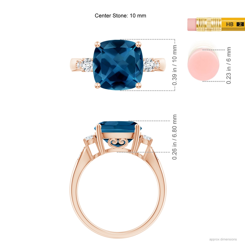 10mm AAA Cushion London Blue Topaz Solitaire Ring with Diamonds in Rose Gold Ruler