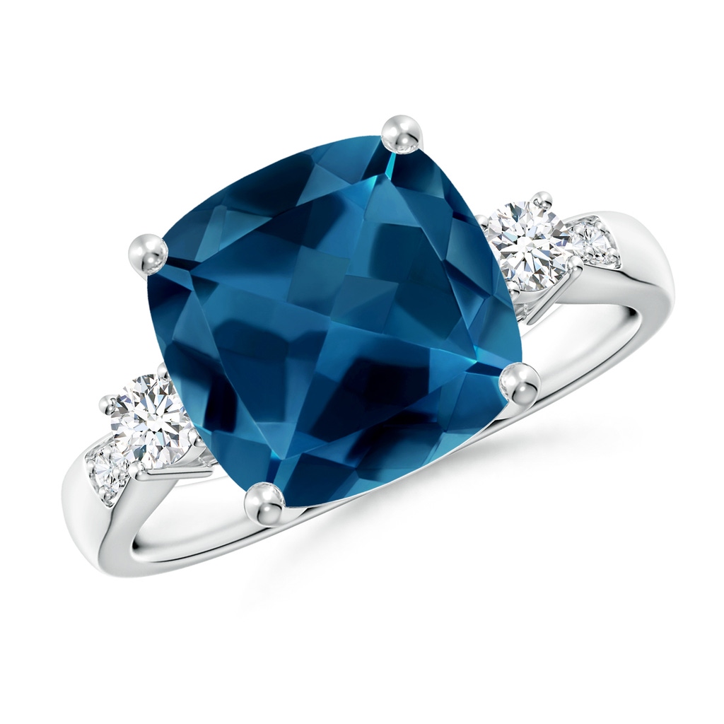 10mm AAA Cushion London Blue Topaz Solitaire Ring with Diamonds in White Gold