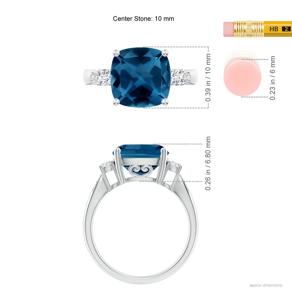 10mm AAA Cushion London Blue Topaz Solitaire Ring with Diamonds in White Gold ruler