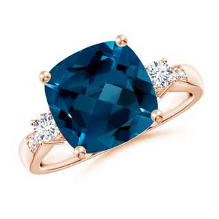 10mm AAAA Cushion London Blue Topaz Solitaire Ring with Diamonds in Rose Gold