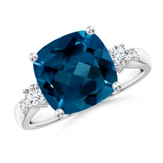10mm AAAA Cushion London Blue Topaz Solitaire Ring with Diamonds in White Gold