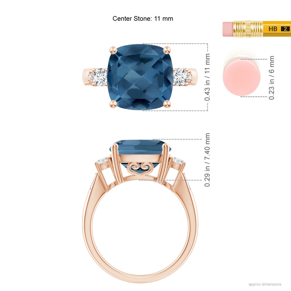 11mm A Cushion London Blue Topaz Solitaire Ring with Diamonds in Rose Gold ruler