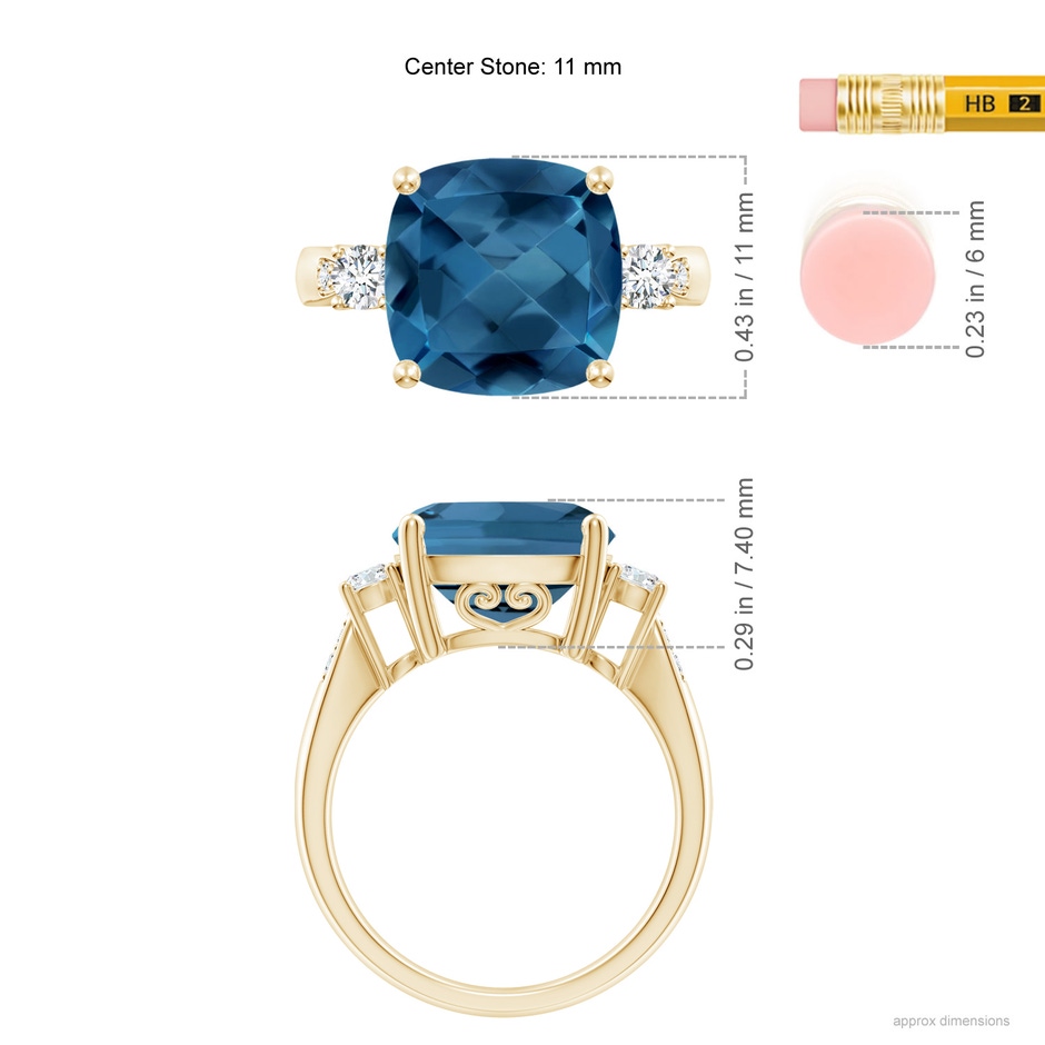 11mm AA Cushion London Blue Topaz Solitaire Ring with Diamonds in Yellow Gold ruler