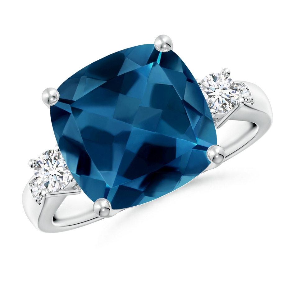 11mm AAA Cushion London Blue Topaz Solitaire Ring with Diamonds in White Gold 