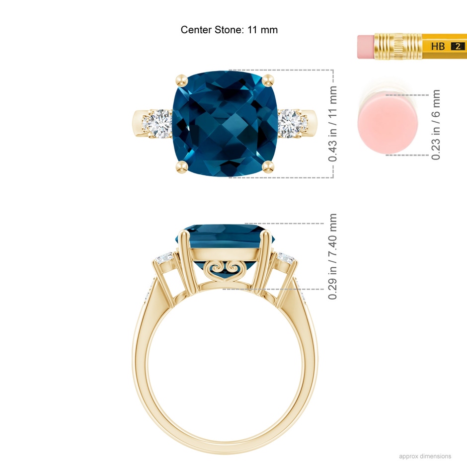 11mm AAAA Cushion London Blue Topaz Solitaire Ring with Diamonds in Yellow Gold ruler
