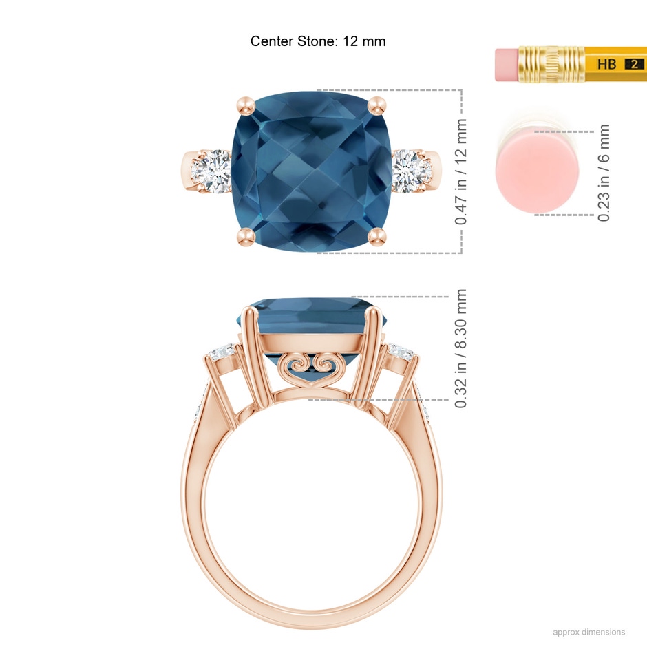 12mm A Cushion London Blue Topaz Solitaire Ring with Diamonds in Rose Gold ruler