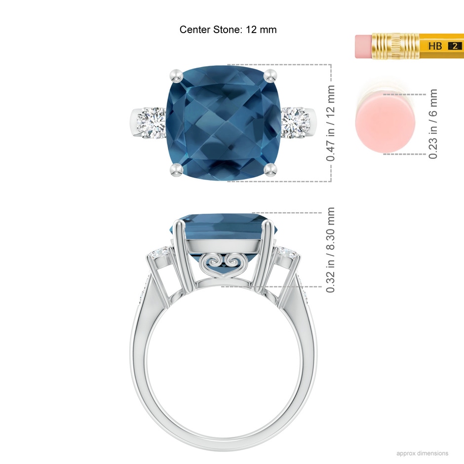 12mm A Cushion London Blue Topaz Solitaire Ring with Diamonds in White Gold ruler