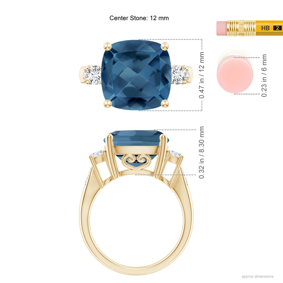 12mm A Cushion London Blue Topaz Solitaire Ring with Diamonds in Yellow Gold ruler