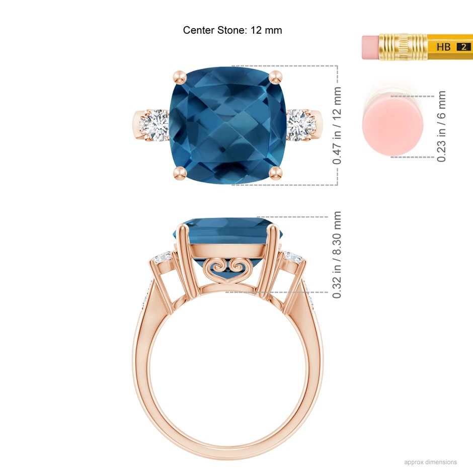12mm AA Cushion London Blue Topaz Solitaire Ring with Diamonds in Rose Gold ruler