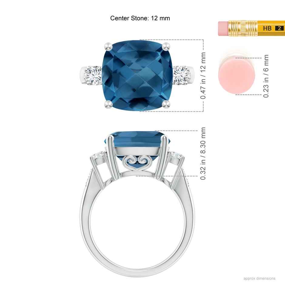 12mm AA Cushion London Blue Topaz Solitaire Ring with Diamonds in White Gold ruler