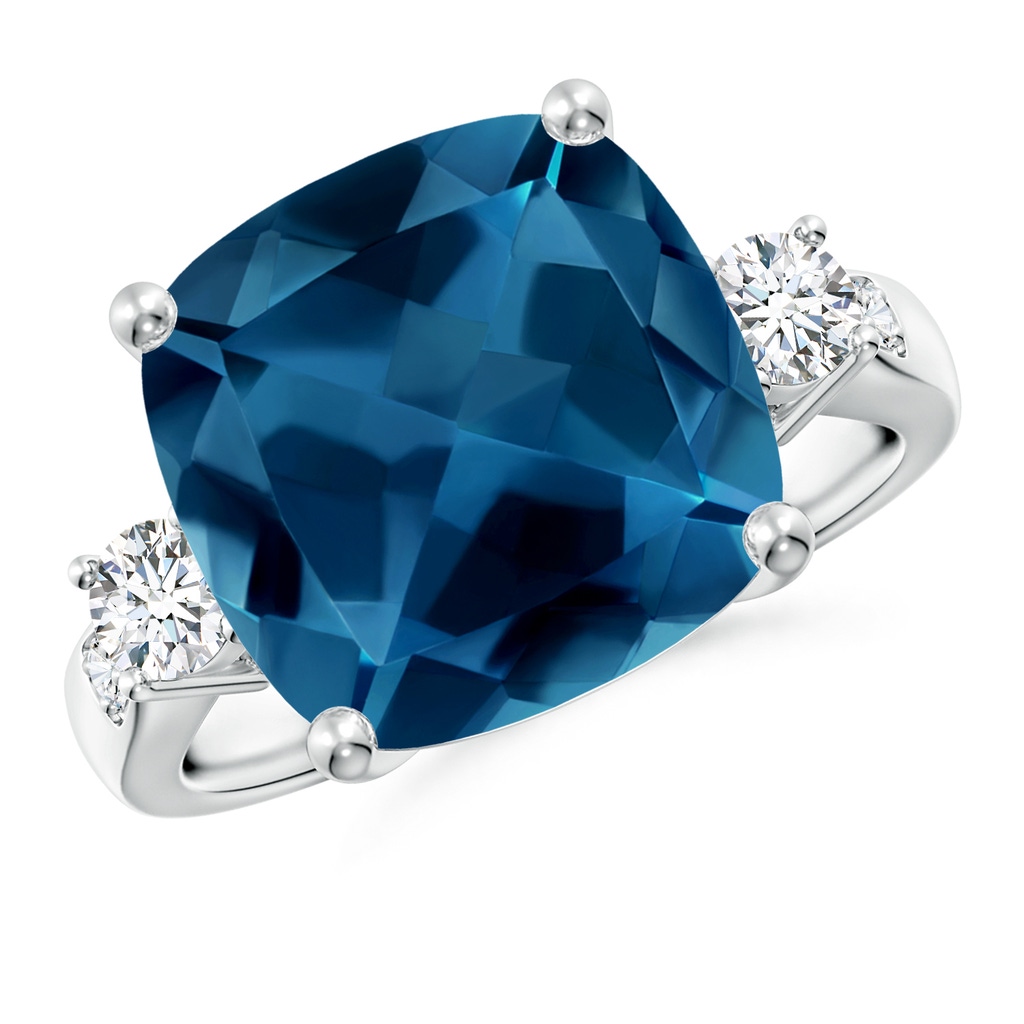 12mm AAA Cushion London Blue Topaz Solitaire Ring with Diamonds in White Gold