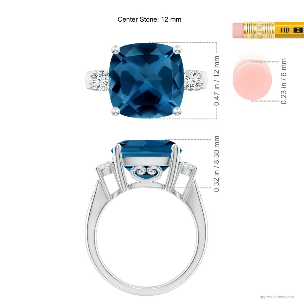 12mm AAA Cushion London Blue Topaz Solitaire Ring with Diamonds in White Gold Ruler