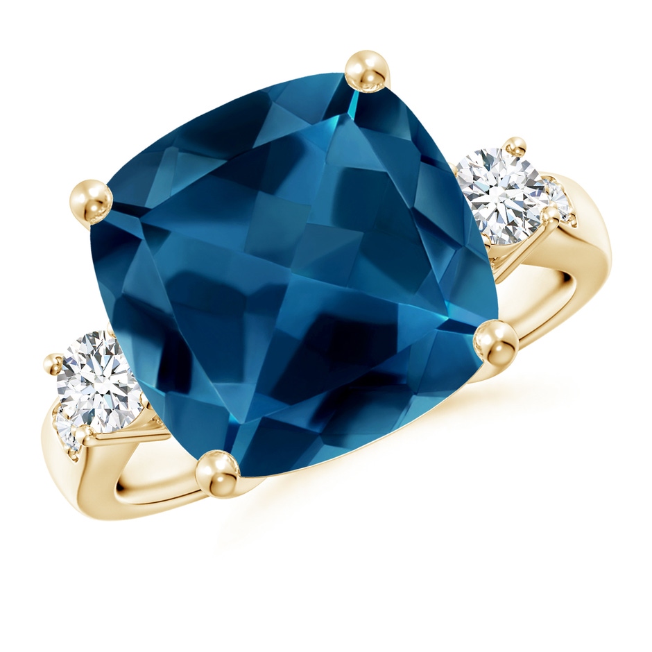 12mm AAA Cushion London Blue Topaz Solitaire Ring with Diamonds in Yellow Gold 